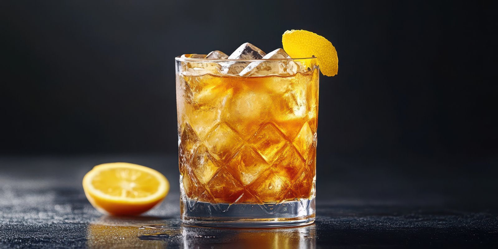Cocktail garnished with orange slice served in glass on dark surface with ice cubes during evening setting